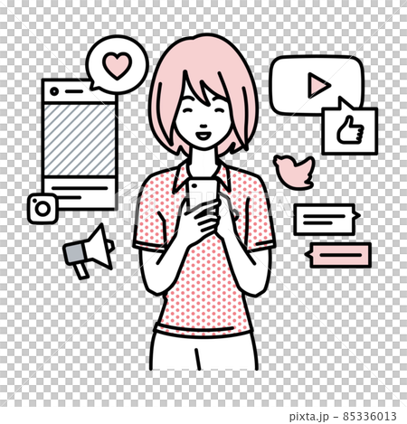 A woman in a polo shirt who stands up and interacts happily on various SNS on her smartphone 85336013