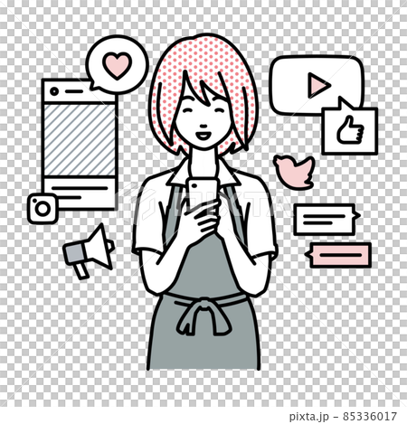立ってスマートフォンでさまざまなSNSで楽しく交流するカフェ店員の女性 85336017