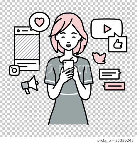 A female beauty salon clerk who stands up and interacts happily on various SNS with a smartphone A female beauty salon clerk who stands up and interacts happily on various SNS with a smartphone 85336248