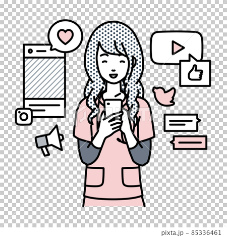 立ってスマートフォンでさまざまなSNSで楽しく交流する看護師の女性 85336461