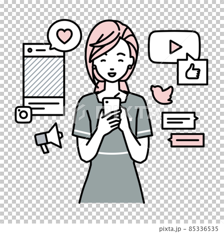立ってスマートフォンでさまざまなSNSで楽しく交流するエステ店員の女性 立ってスマートフォンでさまざまなSNSで楽しく交流するエステ店員の女性 85336535