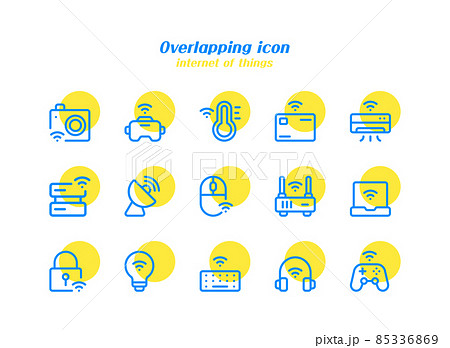 IOT Internet of Things themed minimalistic blue line and yellow circle icon set 85336869