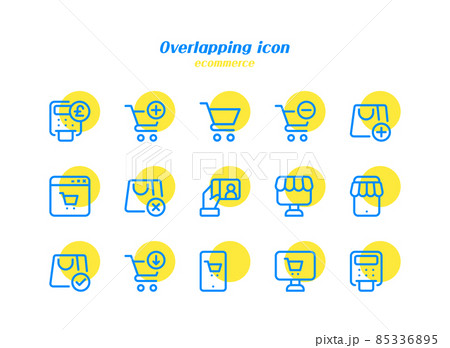 online shopping themed minimalistic blue line and yellow circle icon set 85336895