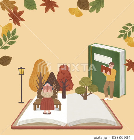 man and woman character on huge books, book season concept illustration man and woman character on huge books, book season concept illustration 85336984