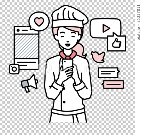 A cook woman who stands up and interacts happily on various SNS on her smartphone A cook woman who stands up and interacts happily on various SNS on her smartphone 85337811