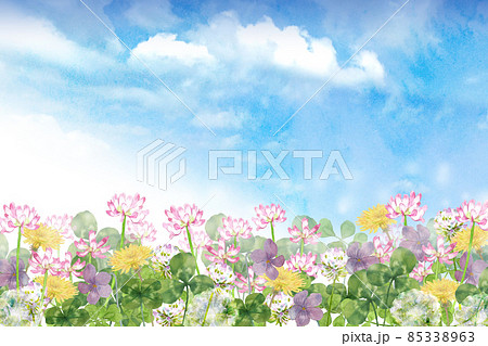 春の花畑の風景　水彩画 85338963