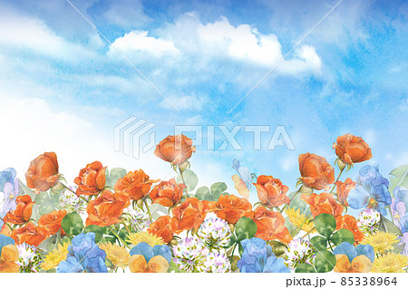 春の花畑の風景 水彩画 春の花畑の風景 水彩画 85338964