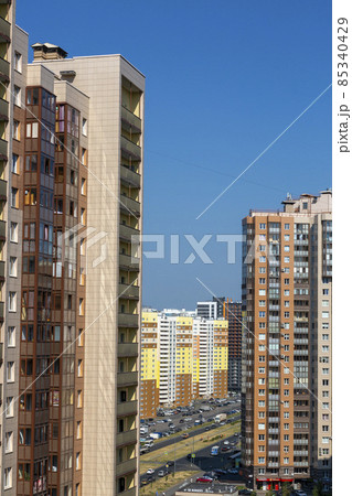 St. Petersburg, Russia - July 15, 2021: Fragment of a multi-storey building in the Primorsky district of St. Petersburg St. Petersburg, Russia - July 15, 2021: Fragment of a multi-storey building in the Primorsky district of St. Petersburg 85340429