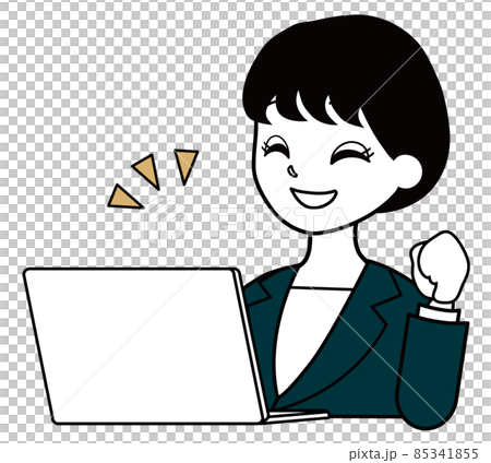 A female office worker in a suit who looks at a computer and makes a guts pose 85341855