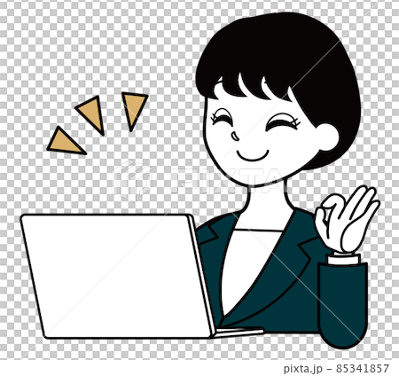 一位穿西裝的女上班族,看著電腦,打著 OK 的手勢 一位穿西裝的女上班族,看著電腦,打著 OK 的手勢 85341857