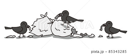 ゴミ袋を破って散らかしている三羽のカラスのイラスト素材