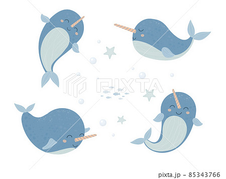 Set Cute adorable narwhal, baby animals with horn smiling in cartoon style isolated on white background. Collection cheerful aquatic character stock vector illustration. 85343766