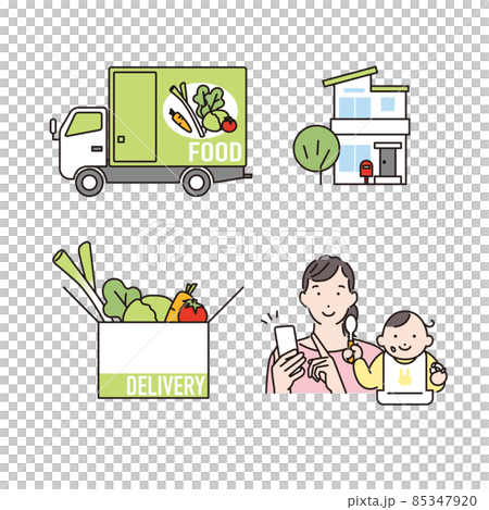 シンプル イラスト 食品宅配サービスを利用する子育て世帯のイメージ セット シンプル イラスト 食品宅配サービスを利用する子育て世帯のイメージ セット 85347920