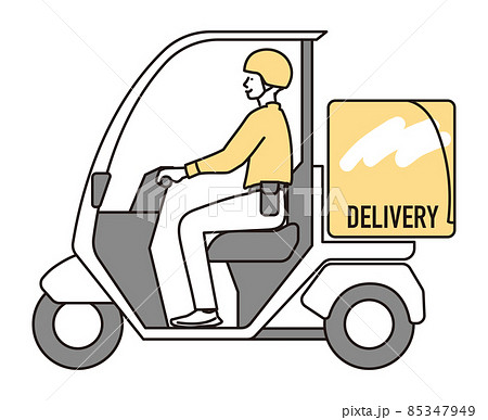 シンプル イラスト デリバリーバイクで配達する男性従業員のイラスト素材