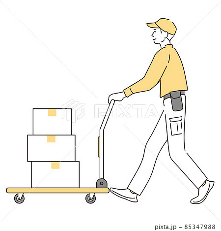 シンプル イラスト 台車で荷物を運ぶ作業員の男性 シンプル イラスト 台車で荷物を運ぶ作業員の男性 85347988