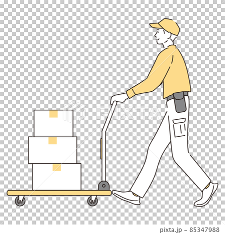 シンプル イラスト 台車で荷物を運ぶ作業員の男性 シンプル イラスト 台車で荷物を運ぶ作業員の男性 85347988