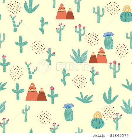 seamless pattern with different cactus. Bright repeated texture with green cacti. Natural hand drawing background with desert plants. 85349574