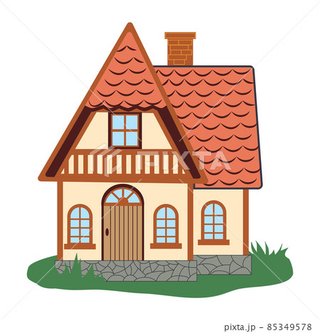 Large family house in Tudor style. Detailed flat illustration of an old traditional stone building. Large family house in Tudor style. Detailed flat illustration of an old traditional stone building. 85349578
