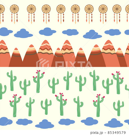 Vintage beautiful seamless desert pattern illustration. Landscape with a cactus, mountains, clouds, dreamcatcher Vintage beautiful seamless desert pattern illustration. Landscape with a cactus, mountains, clouds, dreamcatcher 85349579