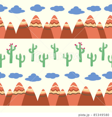 Vintage beautiful seamless desert pattern illustration. Landscape with a cactus, mountains, clouds, dreamcatcher Vintage beautiful seamless desert pattern illustration. Landscape with a cactus, mountains, clouds, dreamcatcher 85349580