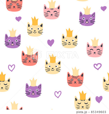 Seamless cat princess pattern. Cute princess cats seamless pattern, little kitty. Girlish print for textiles 85349603