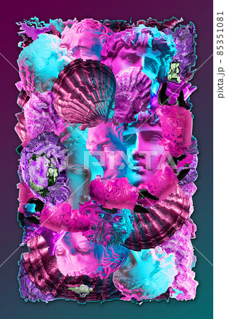 Modern creative background with ancient statue head and sea shells. Collage with sculpture of human face and seashells in surreal style. Contemporary art poster. Wallpaper mockup template design. 85351081