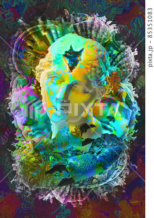 Modern creative image with ancient statue head and sea shells. Collage with sculpture faces and seashells in surreal style. Contemporary art poster. Wallpaper mockup template design. Marine mythology. 85351083