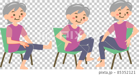 椅子に座って体操をするシニア女性のイラスト素材