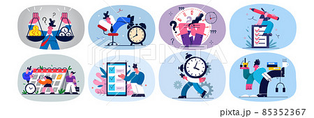 Collection of businesspeople meet deadline multitask at workplace  85352367