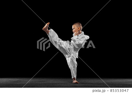 Dynamic portrait of little boy, young karate training alone isolated over white background. Concept of sport, education, skills 85353047