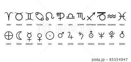 Symbols of astrological signs and planets. Frequently used symbols in astrology including signs of the zodiac, Earth, Sun, Moon, the planets and Chiron. Black and white illustration, English labeling. Symbols of astrological signs and planets. Frequently used symbols in astrology including signs of the zodiac, Earth, Sun, Moon, the planets and Chiron. Black and white illustration, English labeling. 85354947