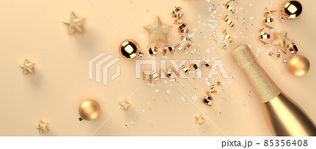 Champagne bottle with Christmas ornaments - 3D Champagne bottle with Christmas ornaments - 3D 85356408
