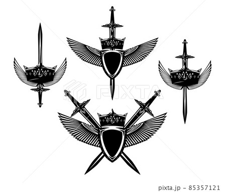 heraldic shield with royal crown, knight sword and spread eagle wings black and white vector design 85357121