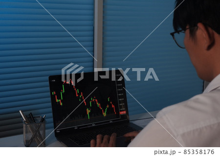 Sad businessman working at night, looking at laptop screen showing trading graph down, bitcoin, cryptocurrency, stock market. Sad businessman working at night, looking at laptop screen showing trading graph down, bitcoin, cryptocurrency, stock market. 85358176