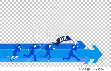 DX 促銷的圖像插圖，一名商人與手持 DX 旗的領導者一起奔跑 85358292