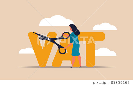 Vat economic budget after coronavirus and money taxes. Woman with scissors cutting income cash vector illustration concept. People refund value and percent business. Commission tax and debt reduce 85359162