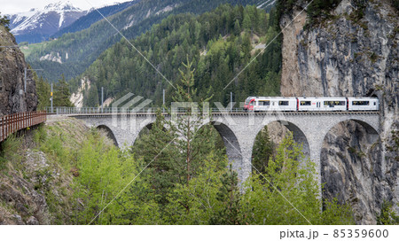 Glacier train on landwasser Viaduct bridge, Switzerland 85359600