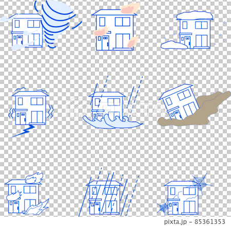 Detached house in various natural disasters_Vector illustration set_Blue 85361353