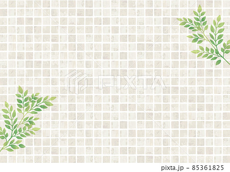 爽やかな白いタイルと葉っぱの水彩背景 85361825