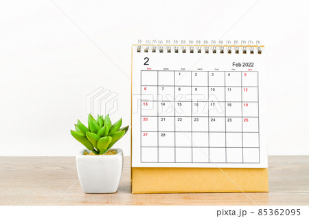 The february 2022 desk calendar with plant pot. The february 2022 desk calendar with plant pot. 85362095