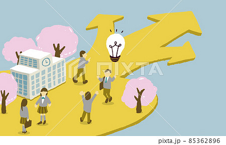 桜の季節に学校を卒業後、それぞれの進路へ進もうとする同級生たちのイラスト 85362896