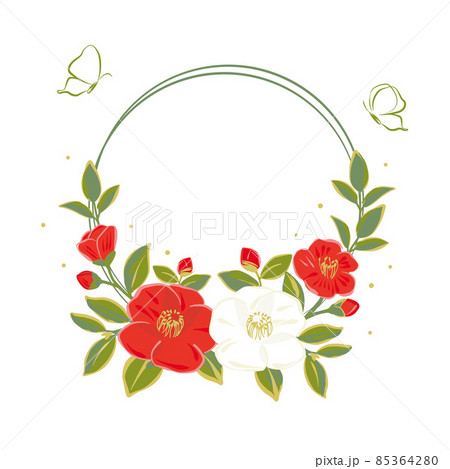 紅白の椿の花の背景フレームのイラスト素材