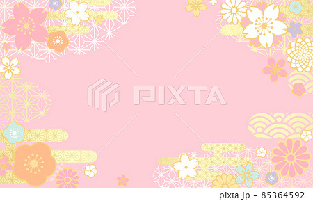 和柄の花と雲の和風なピンクのベクターイラスト背景 和柄の花と雲の和風なピンクのベクターイラスト背景 85364592