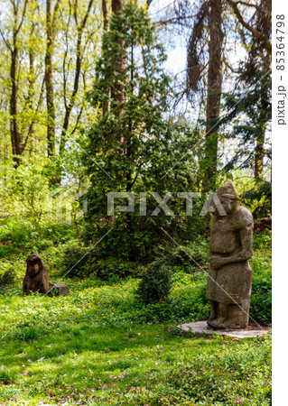 Ancient stone statue of the scythian warrior  in the Krasnokutsk park, Kharkiv region, Ukraine 85364798