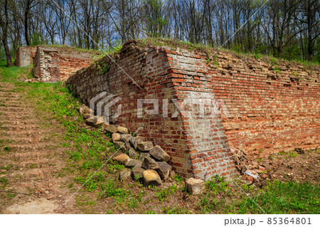 Singing terraces are garden terraces built at 19th century and fortified by brick walls in Kharkiv region, Ukraine 85364801