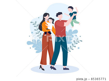 Family Time of Joyful Parents and Children Spending Time Together at Home Doing Various Relaxing Activities in Cartoon Flat Illustration for Poster or Background 85365771