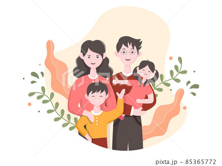 Family Time of Joyful Parents and Children Spending Time Together at Home Doing Various Relaxing Activities in Cartoon Flat Illustration for Poster or Background 85365772