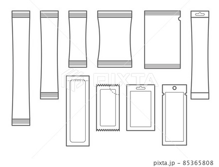 Set of sachet icons. Stick packaging template for sugar, pepper, souse, medicine, tissue and food. Vector Set of sachet icons. Stick packaging template for sugar, pepper, souse, medicine, tissue and food. Vector 85365808