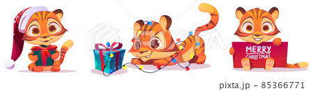 Christmas set with funny tiger in red hat 85366771
