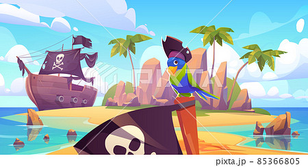 Pirate ship moored on secret island with parrot Pirate ship moored on secret island with parrot 85366805